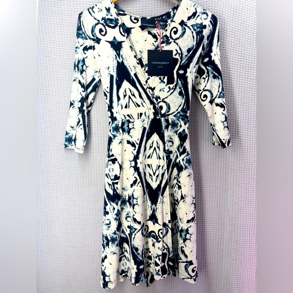 NWT Cynthia Rowley Black/Blue/White Stretchy Wrap Midi Dress Women Small Boho - Picture 1 of 8